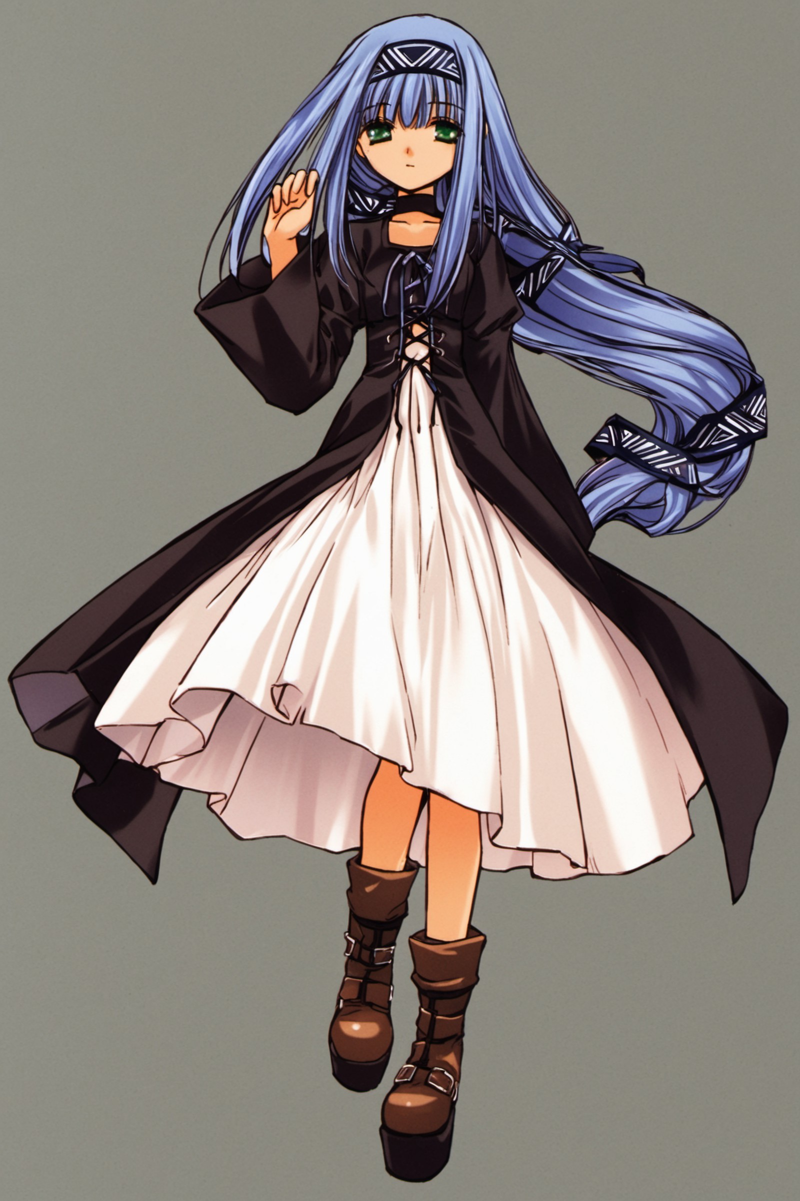 Reverie Metherlence, 1girl, solo, blue hair, long hair, boots, hairband, dress, green eyes, platform footwear,<lora:Azuma ...